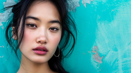 Young Asian woman portrait with a turquoise background with copyspaceの素材