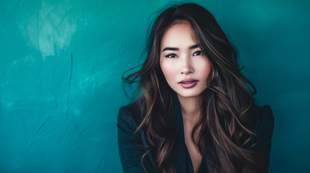 Young Asian woman portrait with a turquoise background with copyspaceの素材