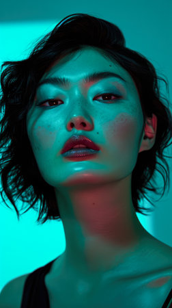 Young Asian woman portrait with a turquoise background with copyspaceの素材