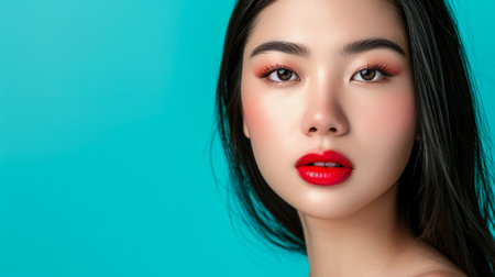 Young Asian woman portrait with a turquoise background with copyspaceの素材