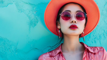 Young Asian woman portrait with a turquoise background with copyspaceの素材