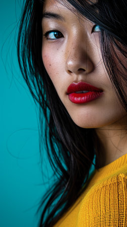 Young Asian woman portrait with a turquoise background with copyspaceの素材