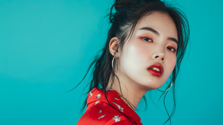 Young Asian woman portrait with a turquoise background with copyspaceの素材
