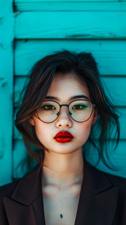 Young Asian woman portrait with a turquoise background with copyspaceの素材