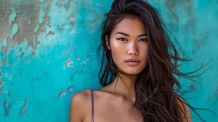 Young Asian woman portrait with a turquoise background with copyspaceの素材