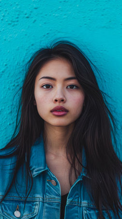 Young Asian woman portrait with a turquoise background with copyspaceの素材