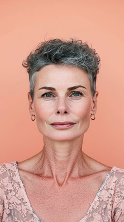 Close up of a middle aged woman with a peach copyspace backgroundの素材