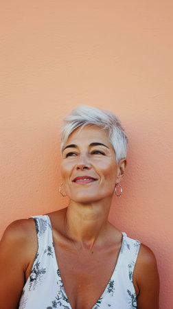 Close up of a middle aged woman with a peach copyspace backgroundの素材