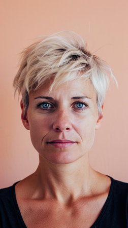 Close up of a middle aged woman with a peach copyspace backgroundの素材