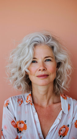 Close up of a middle aged woman with a peach copyspace backgroundの素材