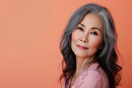 Close up of an Asian middle aged woman with a peach copyspace backgroundの素材
