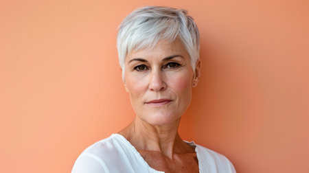 Close up of a confident middle aged woman with a peach copyspace backgroundの素材