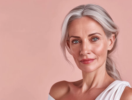 Close up of a confident middle aged woman with a peach copyspace backgroundの素材