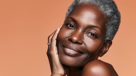 Close up of a confident middle aged woman with a peach copyspace backgroundの素材