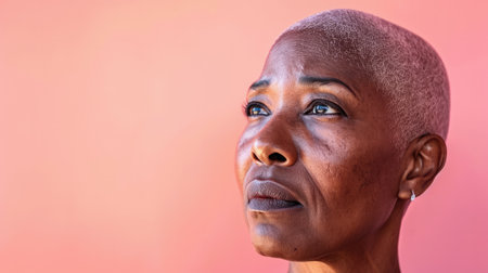 Close up of a confident middle aged woman with a peach copyspace backgroundの素材