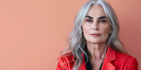 Close up of a confident middle aged woman with a peach copyspace backgroundの素材
