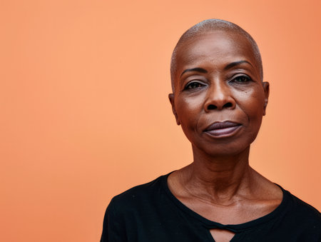 Close up of a confident middle aged woman with a peach copyspace backgroundの素材