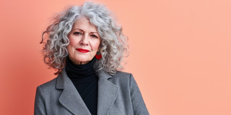 Close up of a confident middle aged woman with a peach copyspace backgroundの素材