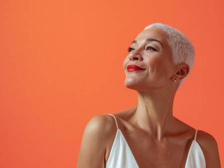 Close up of a confident middle aged woman with a peach copyspace backgroundの素材