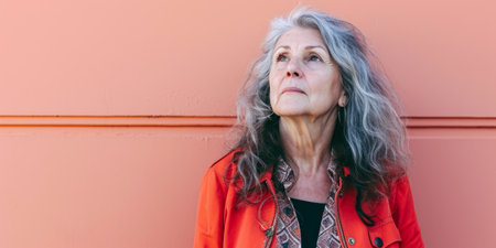 Close up of a confident middle aged woman with a peach copyspace backgroundの素材