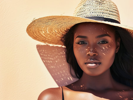 Close up of a confident young woman with a peach copyspace background for textの素材