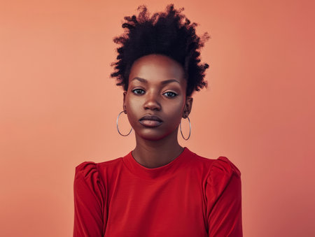 Close up of a confident young woman with a peach copyspace background for textの素材