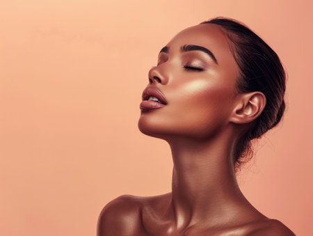 Close up of a confident young woman with a peach copyspace background for textの素材