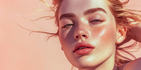 Close up of a confident young woman with a peach copyspace background for textの素材