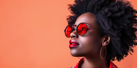 Close up of a confident young woman with a peach copyspace background for textの素材