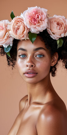 Close up of a confident young woman with a peach copyspace background for textの素材