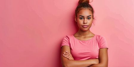 Close up of a confident young woman with a peach copyspace background for textの素材