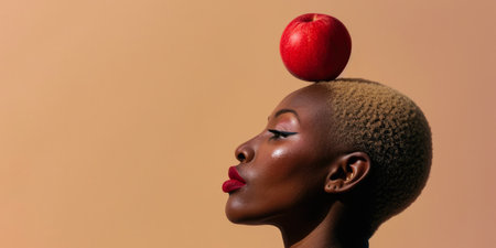 Close up of a confident young woman with a peach copyspace background for textの素材