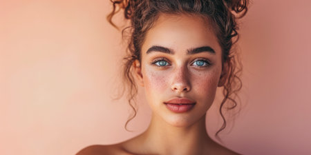 Close up of a confident young woman with a peach copyspace background for textの素材