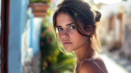 Portrait of a young woman in a cityscapeの素材