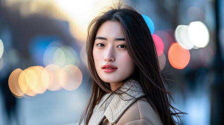 Portrait of a young woman in a cityscapeの素材