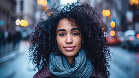 Portrait of a young woman in a cityscapeの素材