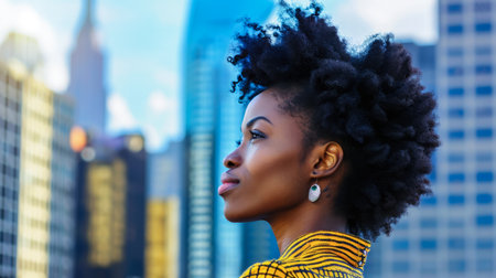 Portrait of a young woman in a cityscapeの素材