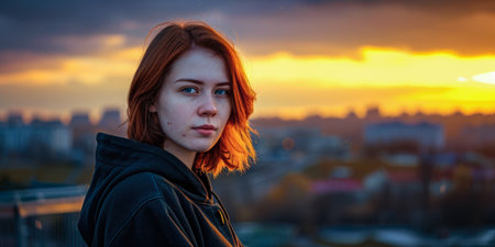 Portrait of a young woman in a cityscapeの素材