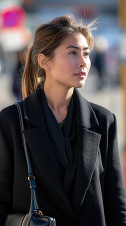 Portrait of a young woman in a cityscapeの素材
