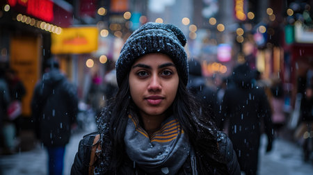 Portrait of a young woman in a cityscapeの素材