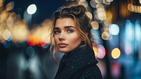 Portrait of a young woman in a cityscapeの素材