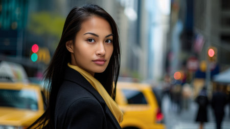 Portrait of a young woman in a cityscapeの素材