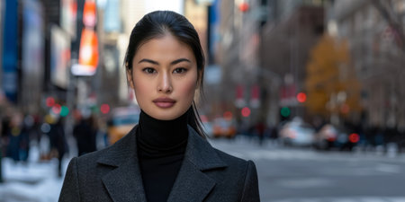 Portrait of a young woman in a cityscapeの素材