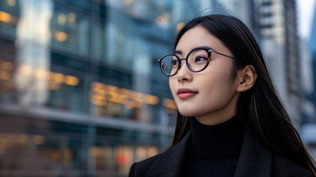 Portrait of a young woman in a cityscapeの素材
