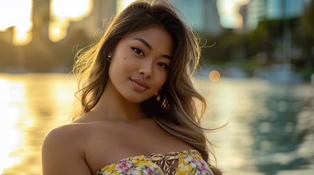 Portrait of a young woman in a cityscapeの素材