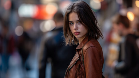 Portrait of a young woman in a cityscapeの素材