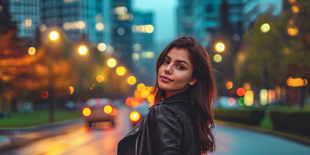 Portrait of a young woman in a cityscapeの素材