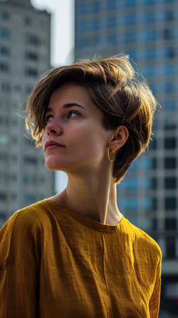 Portrait of a young woman in a cityscapeの素材