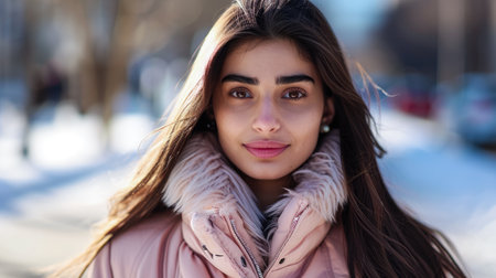 Portrait of a young woman in a cityscapeの素材