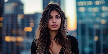 Portrait of a young woman in a cityscapeの素材